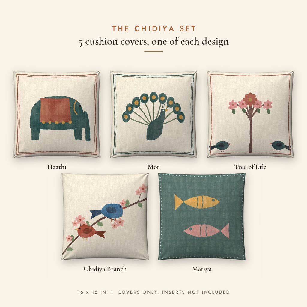 Chidiya Folk Art Linen Blend Cushion Covers, Set of 5 by Reet (printed linen blend cushion covers 16x16 in, set of 5) — all 5 designs in the set
