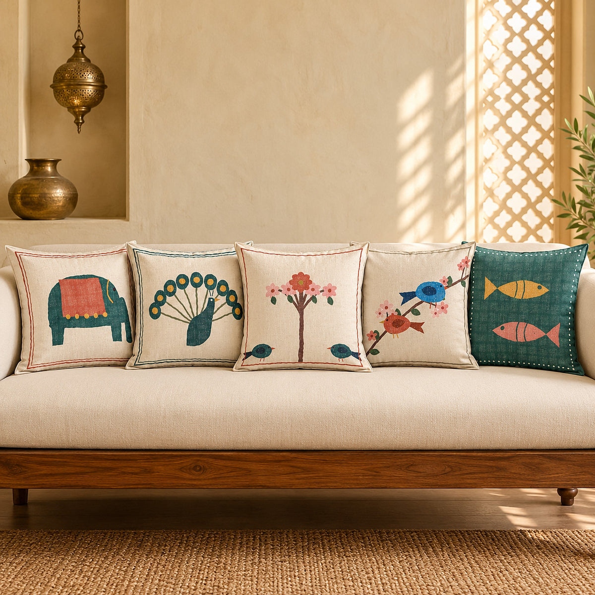Chidiya Folk Art Linen Blend Cushion Covers, Set of 5 by Reet (printed linen blend cushion covers 16x16 in, set of 5) — the set in a row on a sofa