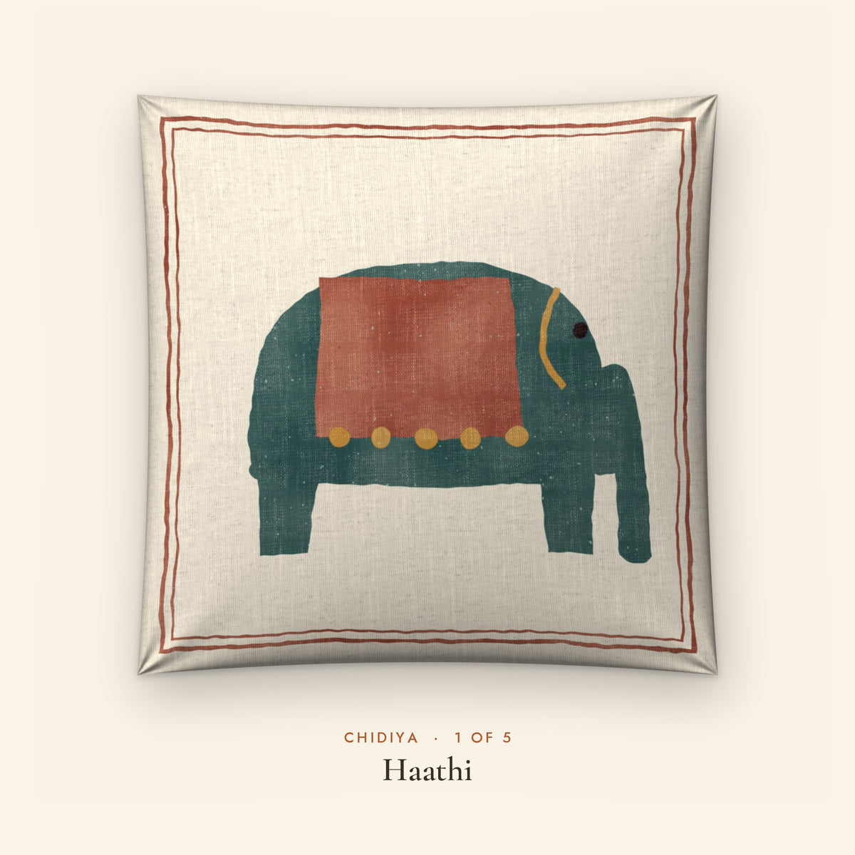 Chidiya Folk Art Linen Blend Cushion Covers, Set of 5 by Reet (printed linen blend cushion covers 16x16 in, set of 5) — design 1 of 5: Haathi