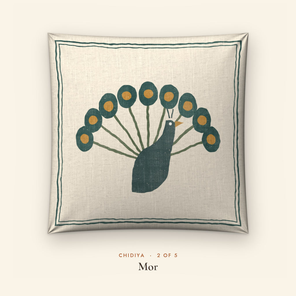 Chidiya Folk Art Linen Blend Cushion Covers, Set of 5 by Reet (printed linen blend cushion covers 16x16 in, set of 5) — design 2 of 5: Mor