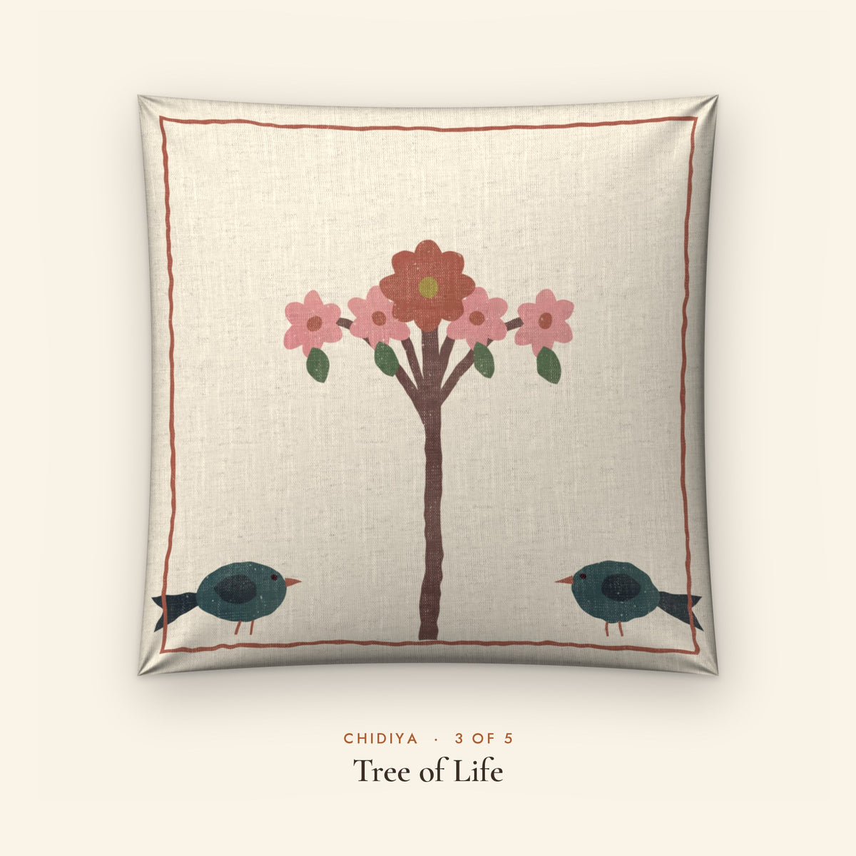 Chidiya Folk Art Linen Blend Cushion Covers, Set of 5 by Reet (printed linen blend cushion covers 16x16 in, set of 5) — design 3 of 5: Tree of Life