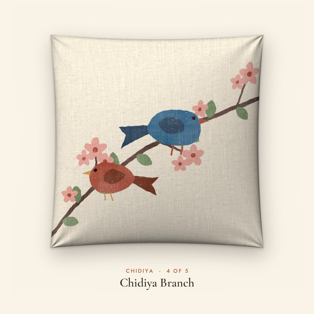 Chidiya Folk Art Linen Blend Cushion Covers, Set of 5 by Reet (printed linen blend cushion covers 16x16 in, set of 5) — design 4 of 5: Chidiya Branch