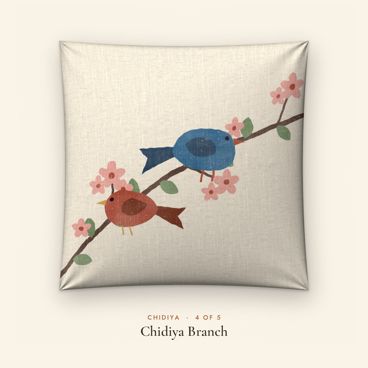 Chidiya Folk Art Linen Blend Cushion Covers, Set of 5 by Reet (printed linen blend cushion covers 16x16 in, set of 5) — design 4 of 5: Chidiya Branch