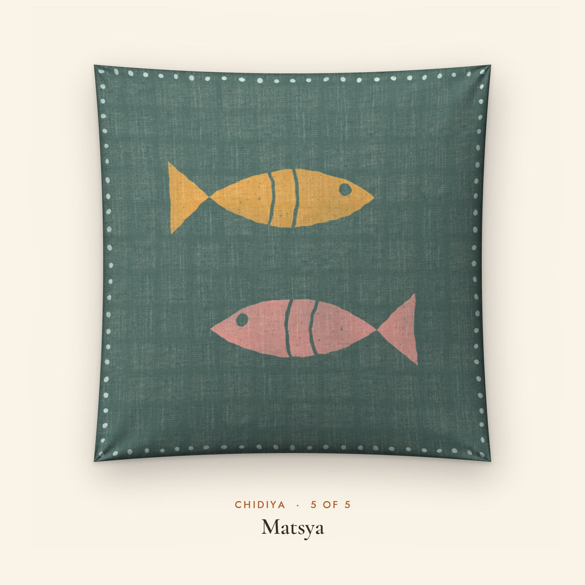 Chidiya Folk Art Linen Blend Cushion Covers, Set of 5 by Reet (printed linen blend cushion covers 16x16 in, set of 5) — design 5 of 5: Matsya