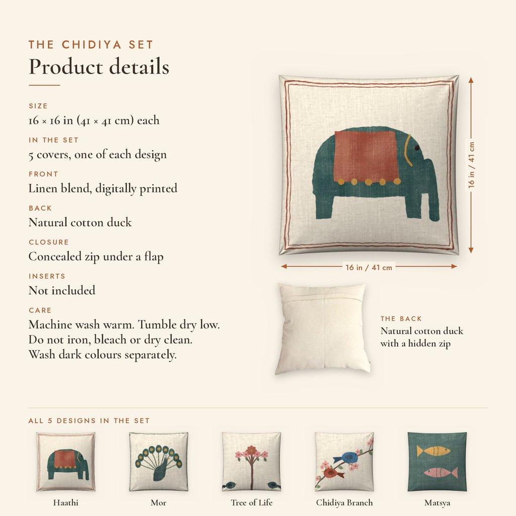 Chidiya Folk Art Linen Blend Cushion Covers, Set of 5 by Reet (printed linen blend cushion covers 16x16 in, set of 5) — product details: size, fabric, back, zip closure and care