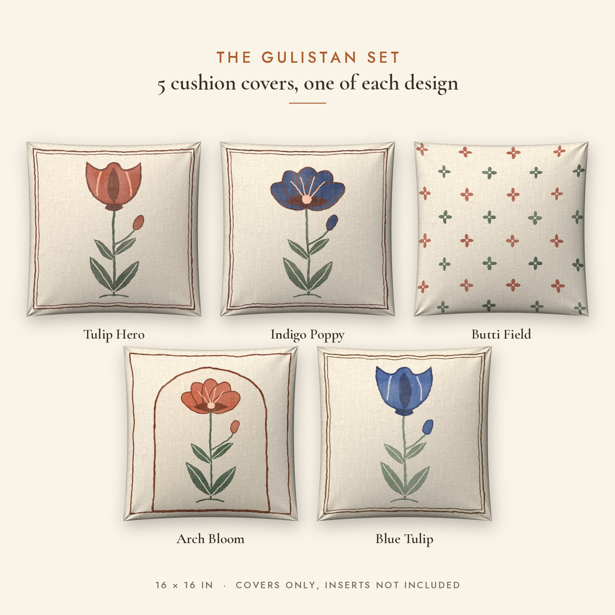 Gulistan Floral Linen Blend Cushion Covers, Set of 5 by Reet (printed linen blend cushion covers 16x16 in, set of 5) — all 5 designs in the set
