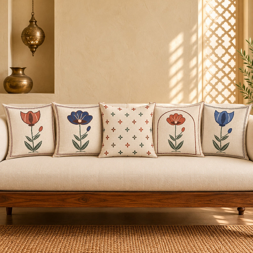 Gulistan Floral Linen Blend Cushion Covers, Set of 5 by Reet (printed linen blend cushion covers 16x16 in, set of 5) — the set in a row on a sofa