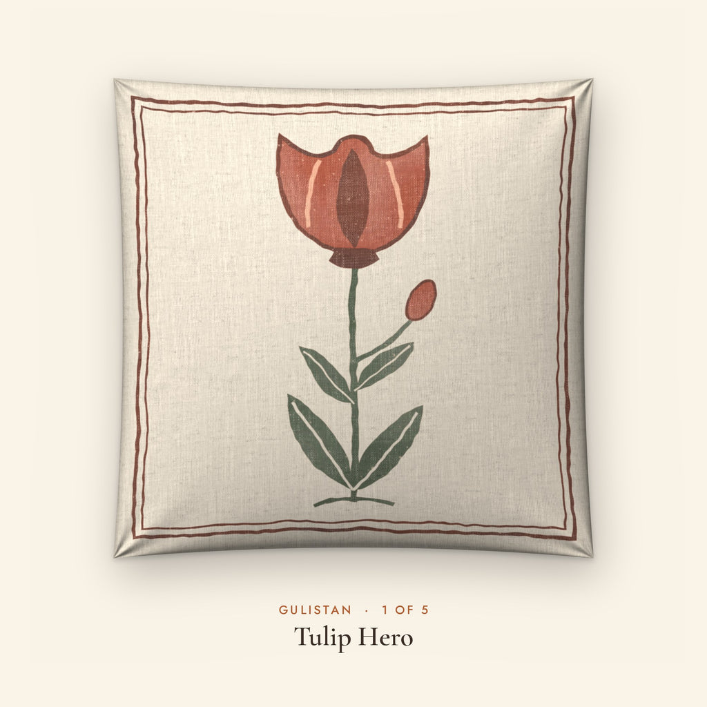 Gulistan Floral Linen Blend Cushion Covers, Set of 5 by Reet (printed linen blend cushion covers 16x16 in, set of 5) — design 1 of 5: Tulip Hero