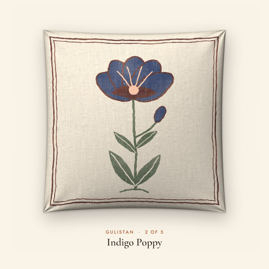Gulistan Floral Linen Blend Cushion Covers, Set of 5 by Reet (printed linen blend cushion covers 16x16 in, set of 5) — design 2 of 5: Indigo Poppy
