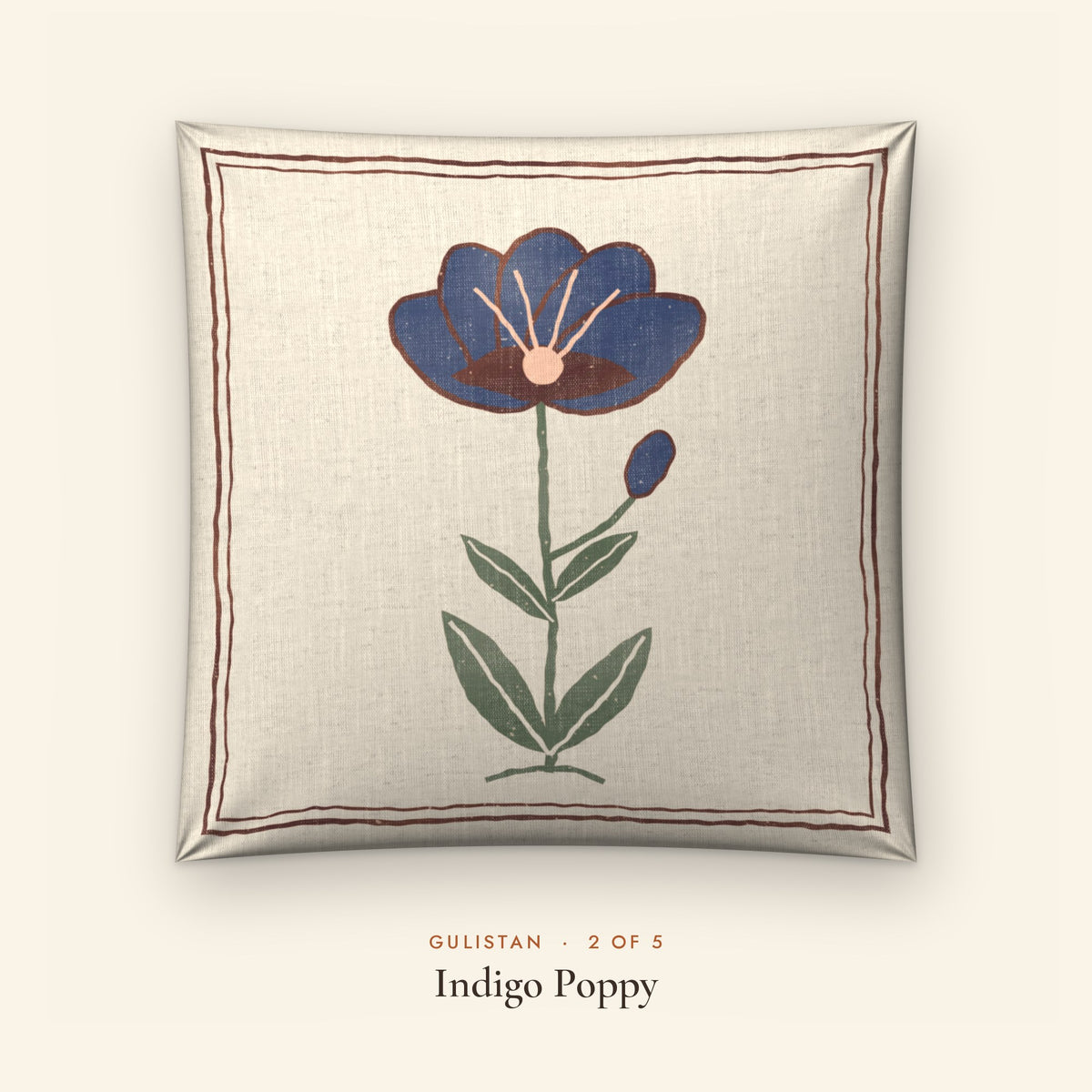 Gulistan Floral Linen Blend Cushion Covers, Set of 5 by Reet (printed linen blend cushion covers 16x16 in, set of 5) — design 2 of 5: Indigo Poppy