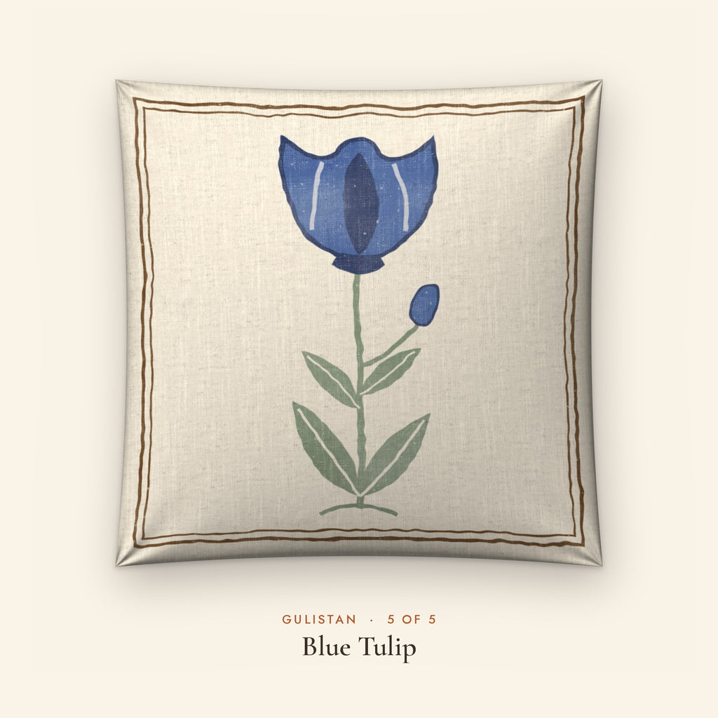 Gulistan Floral Linen Blend Cushion Covers, Set of 5 by Reet (printed linen blend cushion covers 16x16 in, set of 5) — design 5 of 5: Blue Tulip