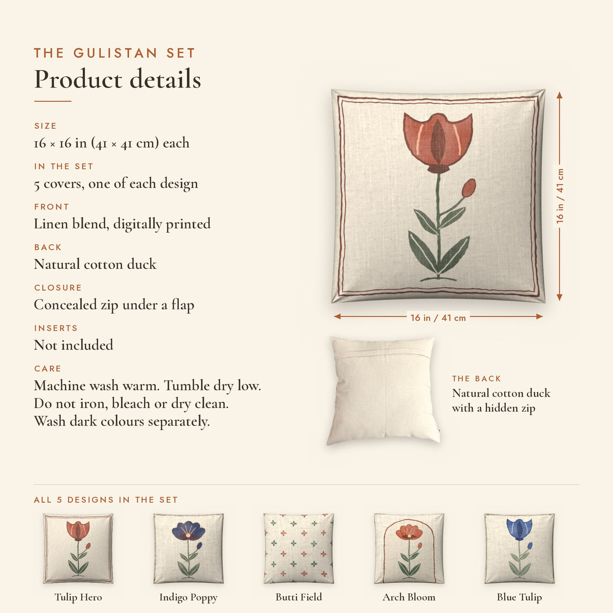 Gulistan Floral Linen Blend Cushion Covers, Set of 5 by Reet (printed linen blend cushion covers 16x16 in, set of 5) — product details: size, fabric, back, zip closure and care