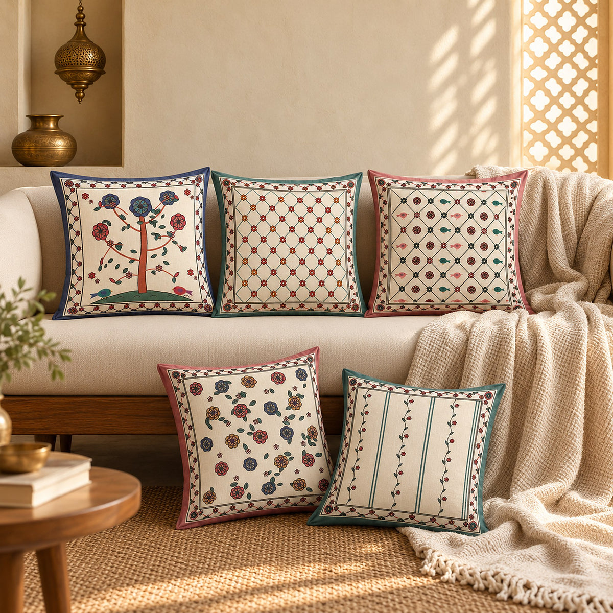 Palampore Floral Linen Blend Cushion Covers, Set of 5 by Reet (printed linen blend cushion covers 16x16 in, set of 5) — lifestyle: the set of 5 on a sofa