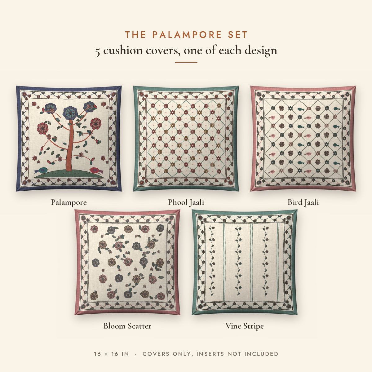 Palampore Floral Linen Blend Cushion Covers, Set of 5 by Reet (printed linen blend cushion covers 16x16 in, set of 5) — all 5 designs in the set