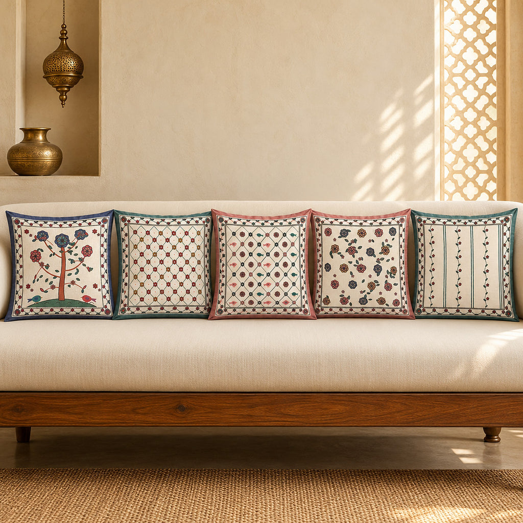 Palampore Floral Linen Blend Cushion Covers, Set of 5 by Reet (printed linen blend cushion covers 16x16 in, set of 5) — the set in a row on a sofa