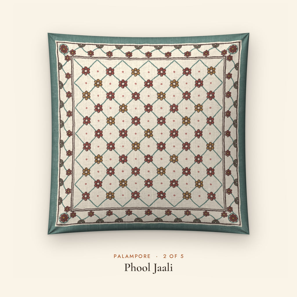 Palampore Floral Linen Blend Cushion Covers, Set of 5 by Reet (printed linen blend cushion covers 16x16 in, set of 5) — design 2 of 5: Phool Jaali
