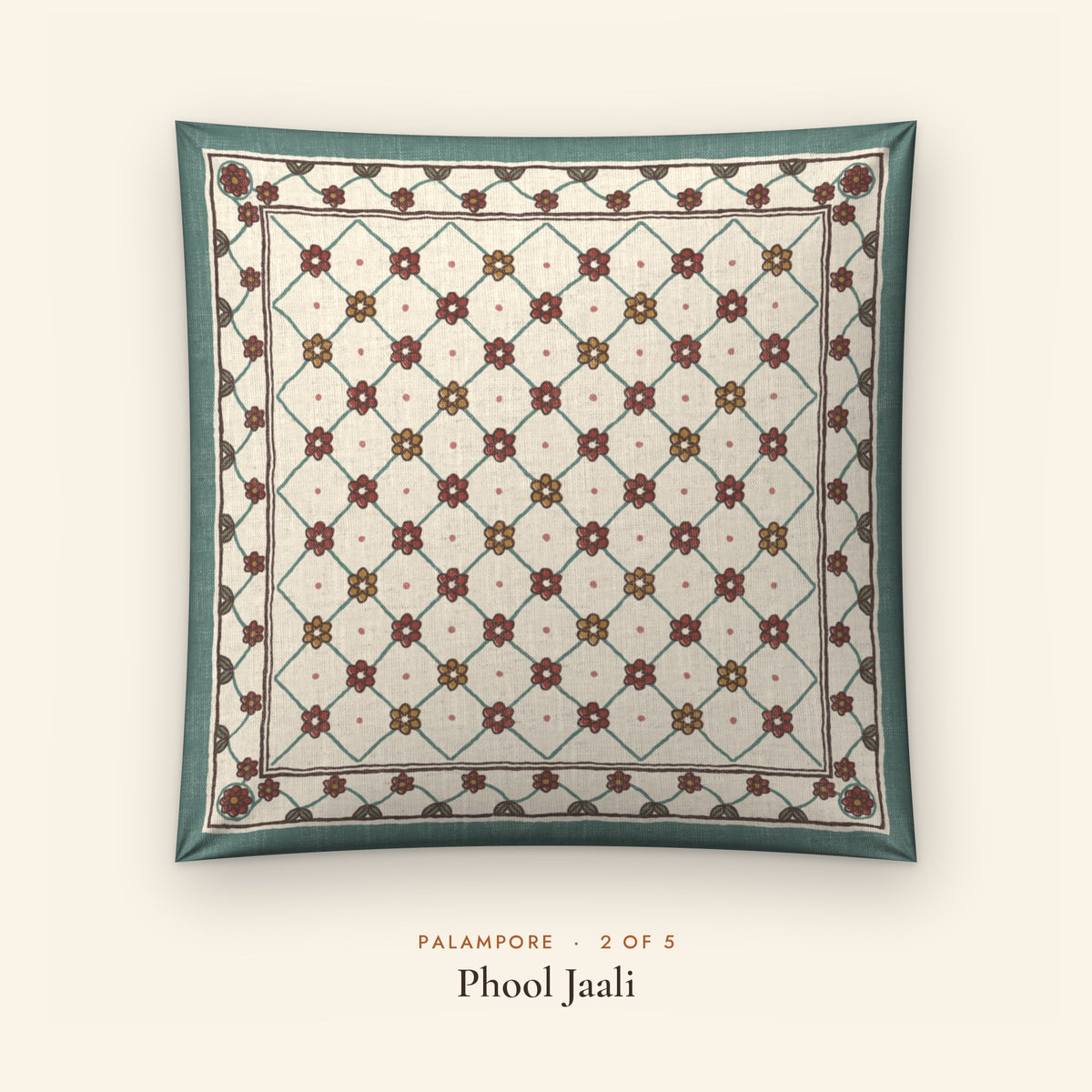 Palampore Floral Linen Blend Cushion Covers, Set of 5 by Reet (printed linen blend cushion covers 16x16 in, set of 5) — design 2 of 5: Phool Jaali
