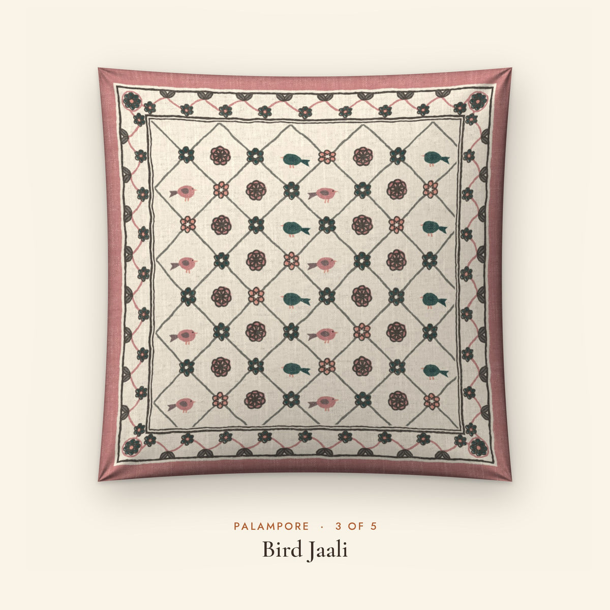 Palampore Floral Linen Blend Cushion Covers, Set of 5 by Reet (printed linen blend cushion covers 16x16 in, set of 5) — design 3 of 5: Bird Jaali
