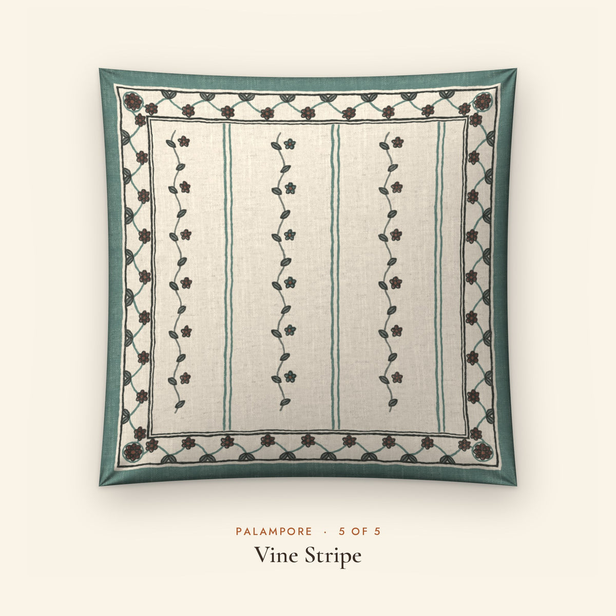 Palampore Floral Linen Blend Cushion Covers, Set of 5 by Reet (printed linen blend cushion covers 16x16 in, set of 5) — design 5 of 5: Vine Stripe
