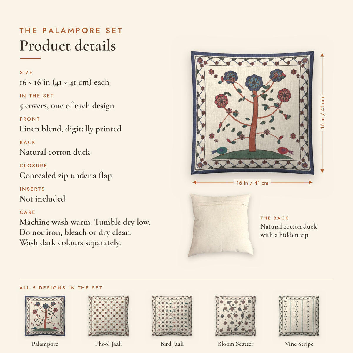 Palampore Floral Linen Blend Cushion Covers, Set of 5 by Reet (printed linen blend cushion covers 16x16 in, set of 5) — product details: size, fabric, back, zip closure and care