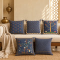 Raat Bagh Indigo Linen Blend Cushion Covers, Set of 5 by Reet (printed linen blend cushion covers 16x16 in, set of 5) — lifestyle: the set of 5 on a sofa