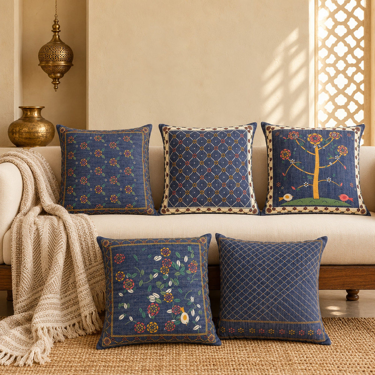 Raat Bagh Indigo Linen Blend Cushion Covers, Set of 5 by Reet (printed linen blend cushion covers 16x16 in, set of 5) — lifestyle: the set of 5 on a sofa