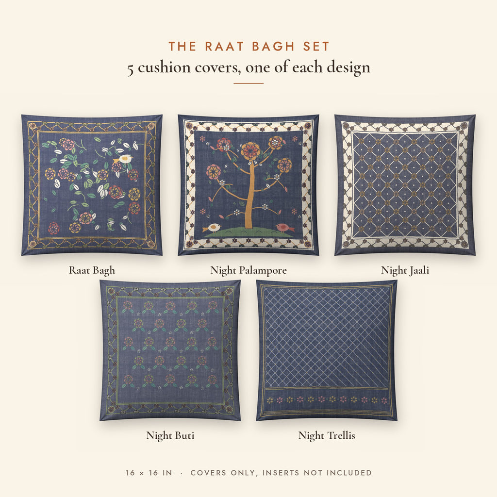 Raat Bagh Indigo Linen Blend Cushion Covers, Set of 5 by Reet (printed linen blend cushion covers 16x16 in, set of 5) — all 5 designs in the set
