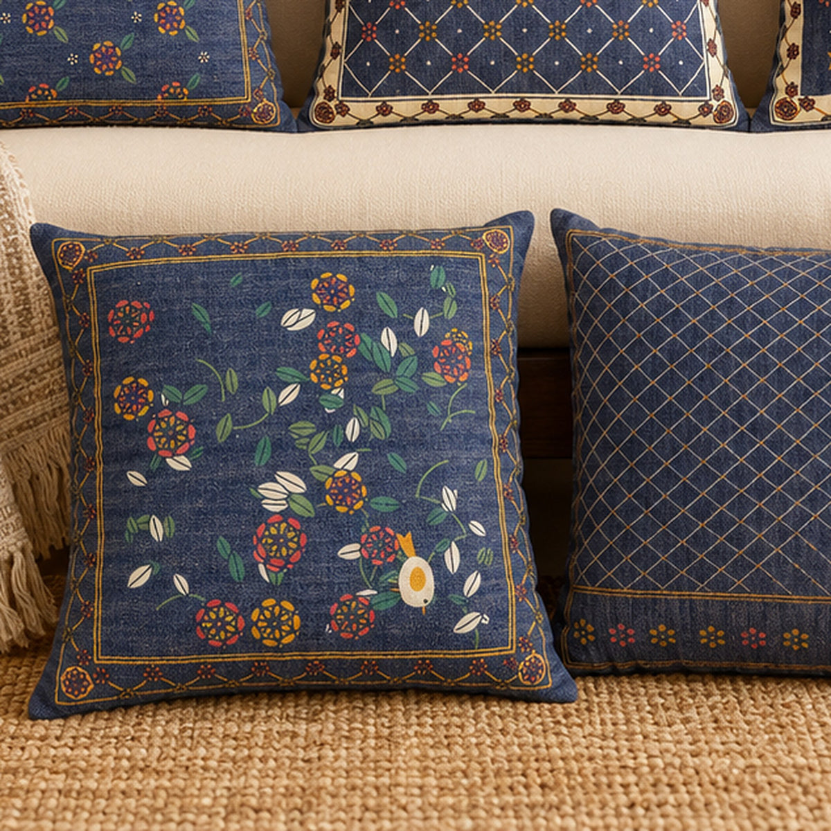 Raat Bagh Indigo Linen Blend Cushion Covers, Set of 5 by Reet (printed linen blend cushion covers 16x16 in, set of 5) — the set in a row on a sofa