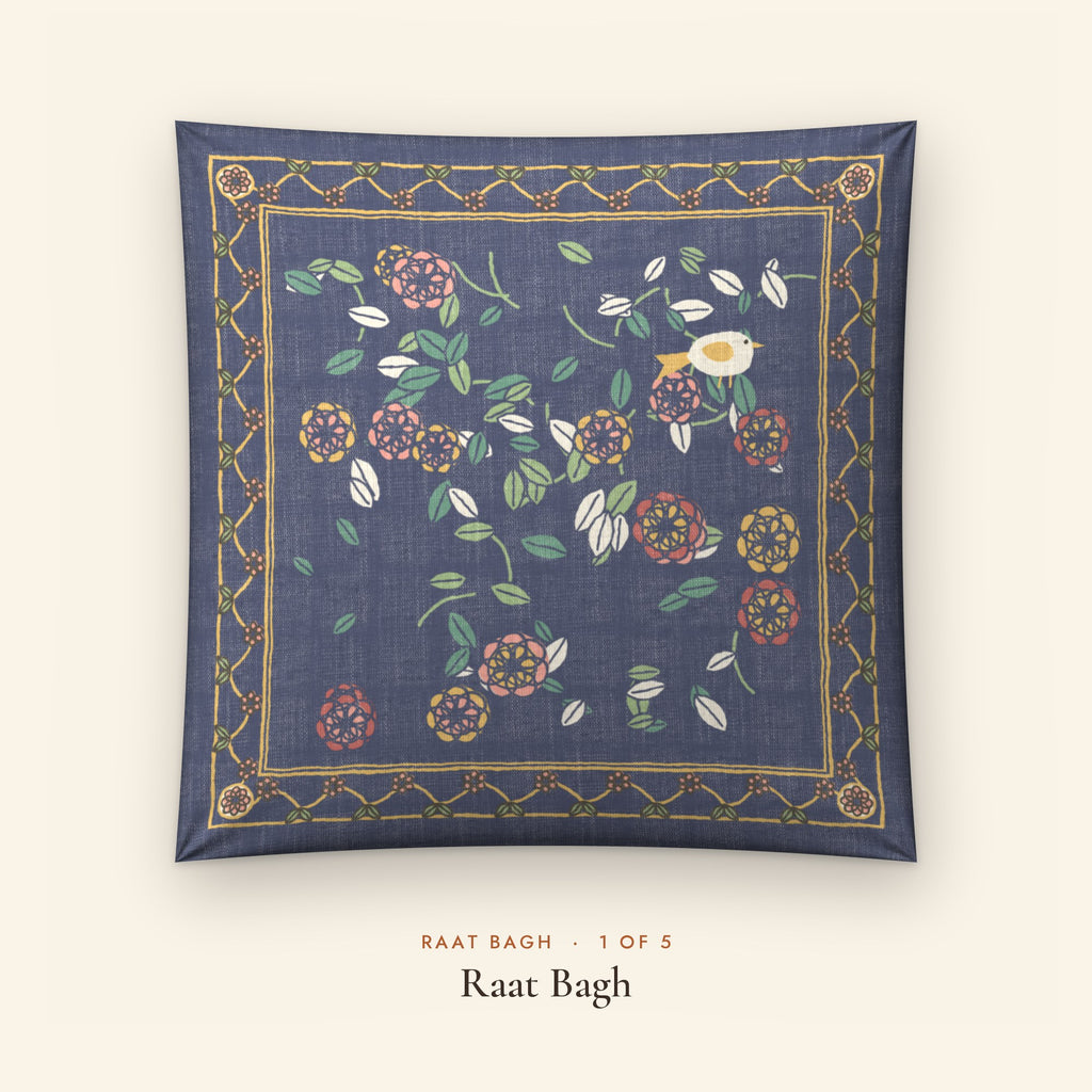 Raat Bagh Indigo Linen Blend Cushion Covers, Set of 5 by Reet (printed linen blend cushion covers 16x16 in, set of 5) — design 1 of 5: Raat Bagh