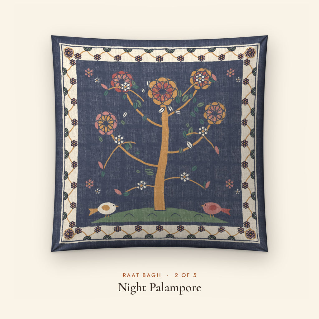 Raat Bagh Indigo Linen Blend Cushion Covers, Set of 5 by Reet (printed linen blend cushion covers 16x16 in, set of 5) — design 2 of 5: Night Palampore
