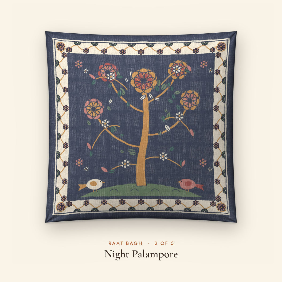 Raat Bagh Indigo Linen Blend Cushion Covers, Set of 5 by Reet (printed linen blend cushion covers 16x16 in, set of 5) — design 2 of 5: Night Palampore