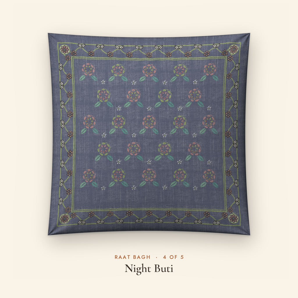 Raat Bagh Indigo Linen Blend Cushion Covers, Set of 5 by Reet (printed linen blend cushion covers 16x16 in, set of 5) — design 4 of 5: Night Buti
