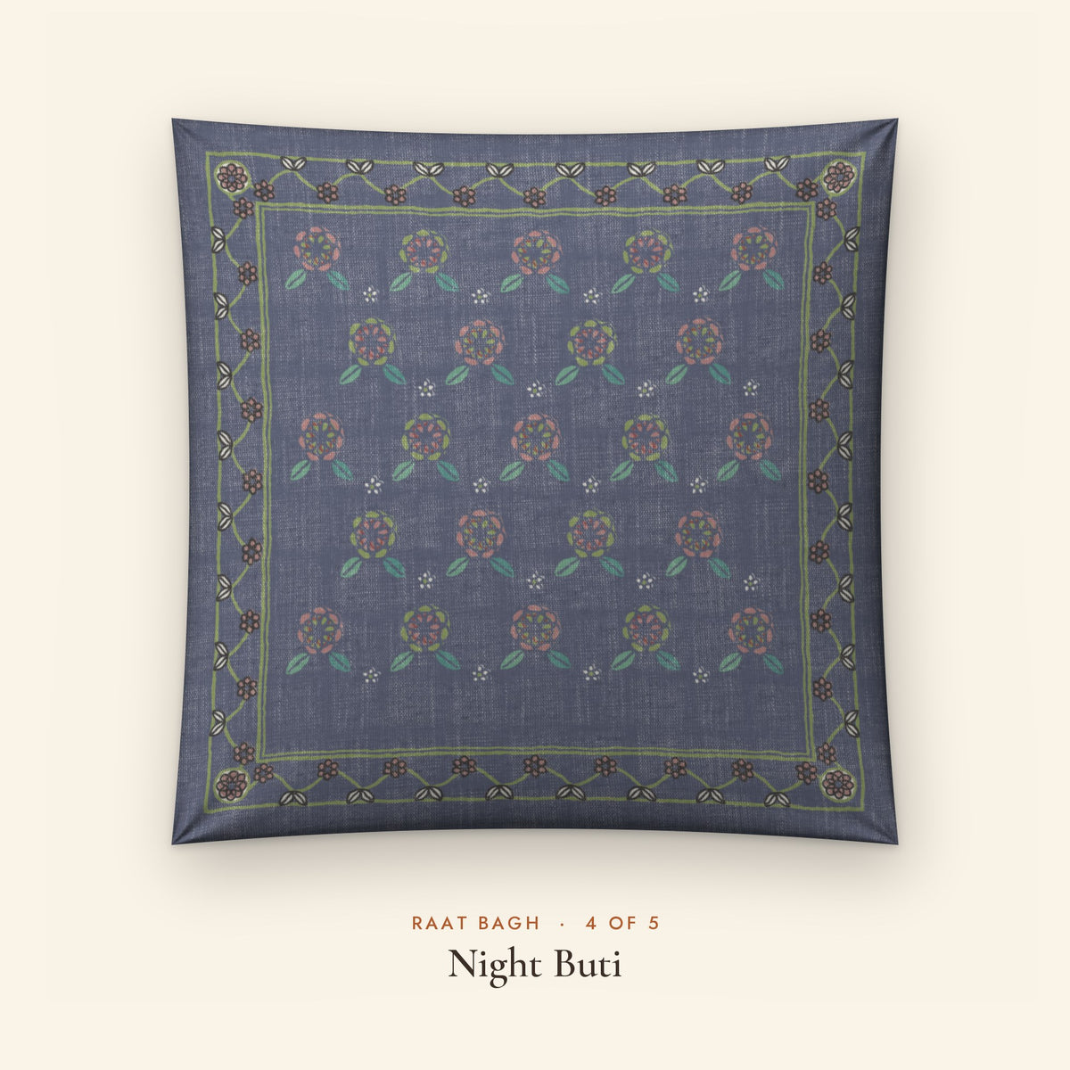 Raat Bagh Indigo Linen Blend Cushion Covers, Set of 5 by Reet (printed linen blend cushion covers 16x16 in, set of 5) — design 4 of 5: Night Buti