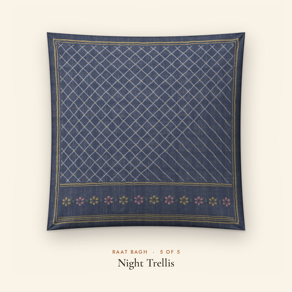 Raat Bagh Indigo Linen Blend Cushion Covers, Set of 5 by Reet (printed linen blend cushion covers 16x16 in, set of 5) — design 5 of 5: Night Trellis