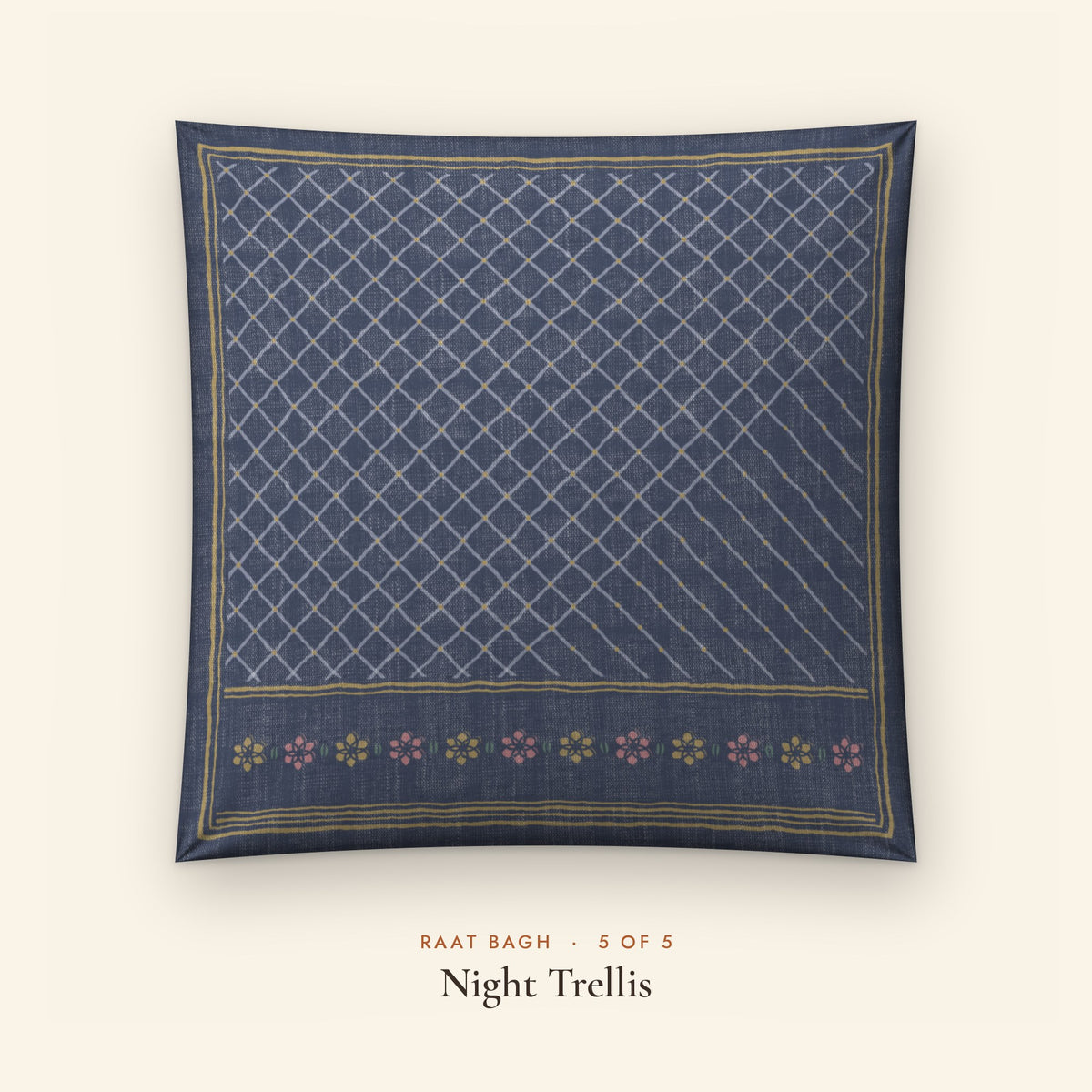 Raat Bagh Indigo Linen Blend Cushion Covers, Set of 5 by Reet (printed linen blend cushion covers 16x16 in, set of 5) — design 5 of 5: Night Trellis