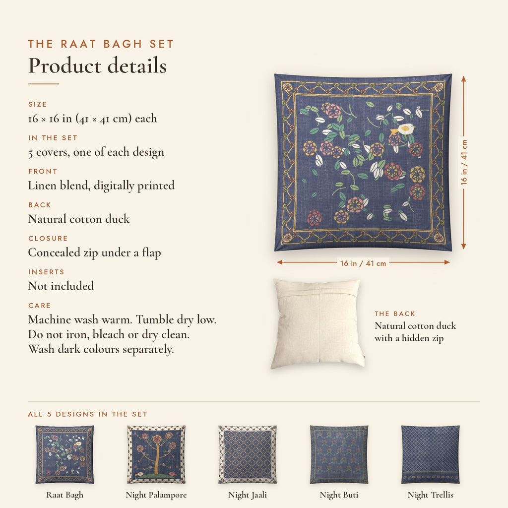 Raat Bagh Indigo Linen Blend Cushion Covers, Set of 5 by Reet (printed linen blend cushion covers 16x16 in, set of 5) — product details: size, fabric, back, zip closure and care
