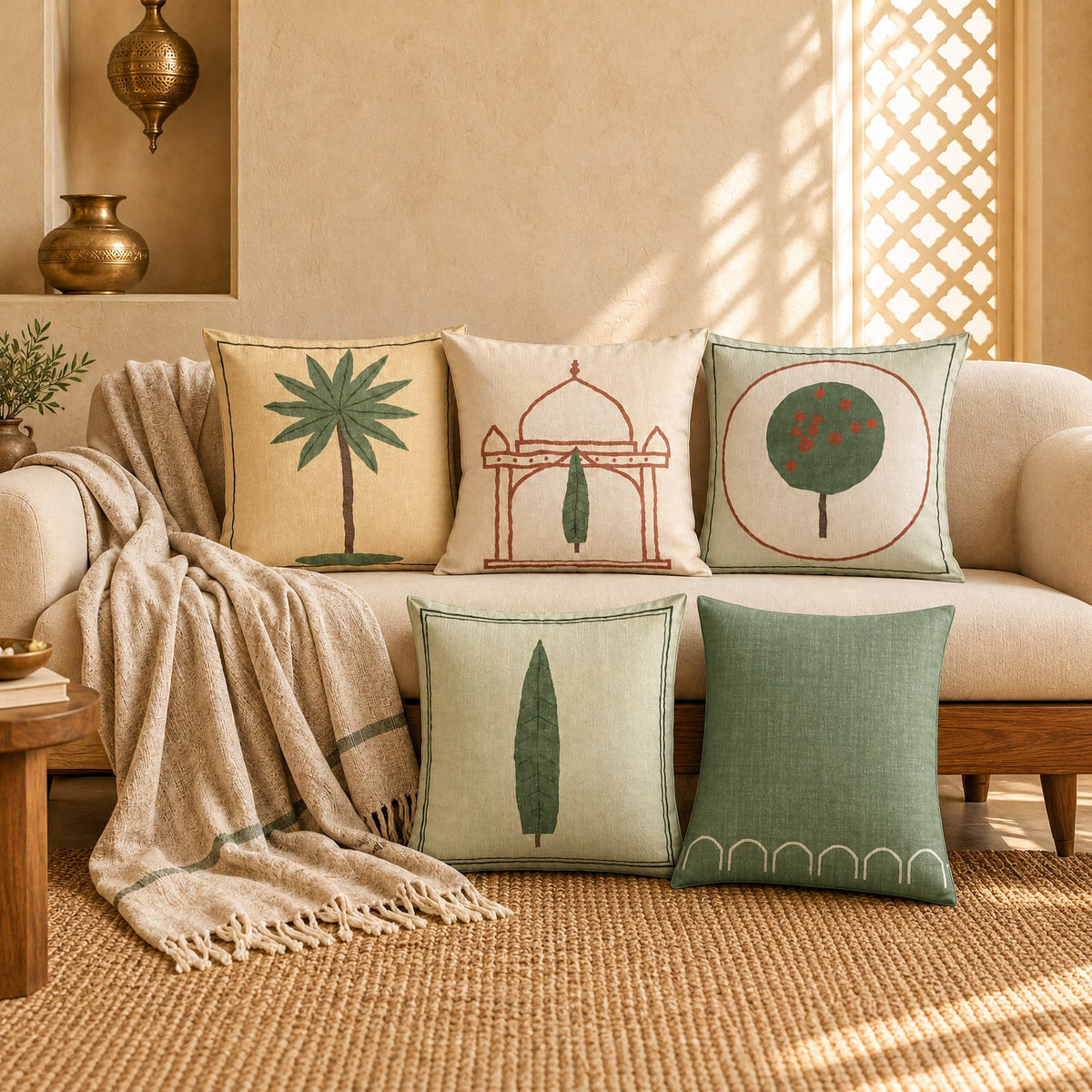 Saro Bagh Tree Linen Blend Cushion Covers, Set of 5 by Reet (printed linen blend cushion covers 16x16 in, set of 5) — lifestyle: the set of 5 on a sofa