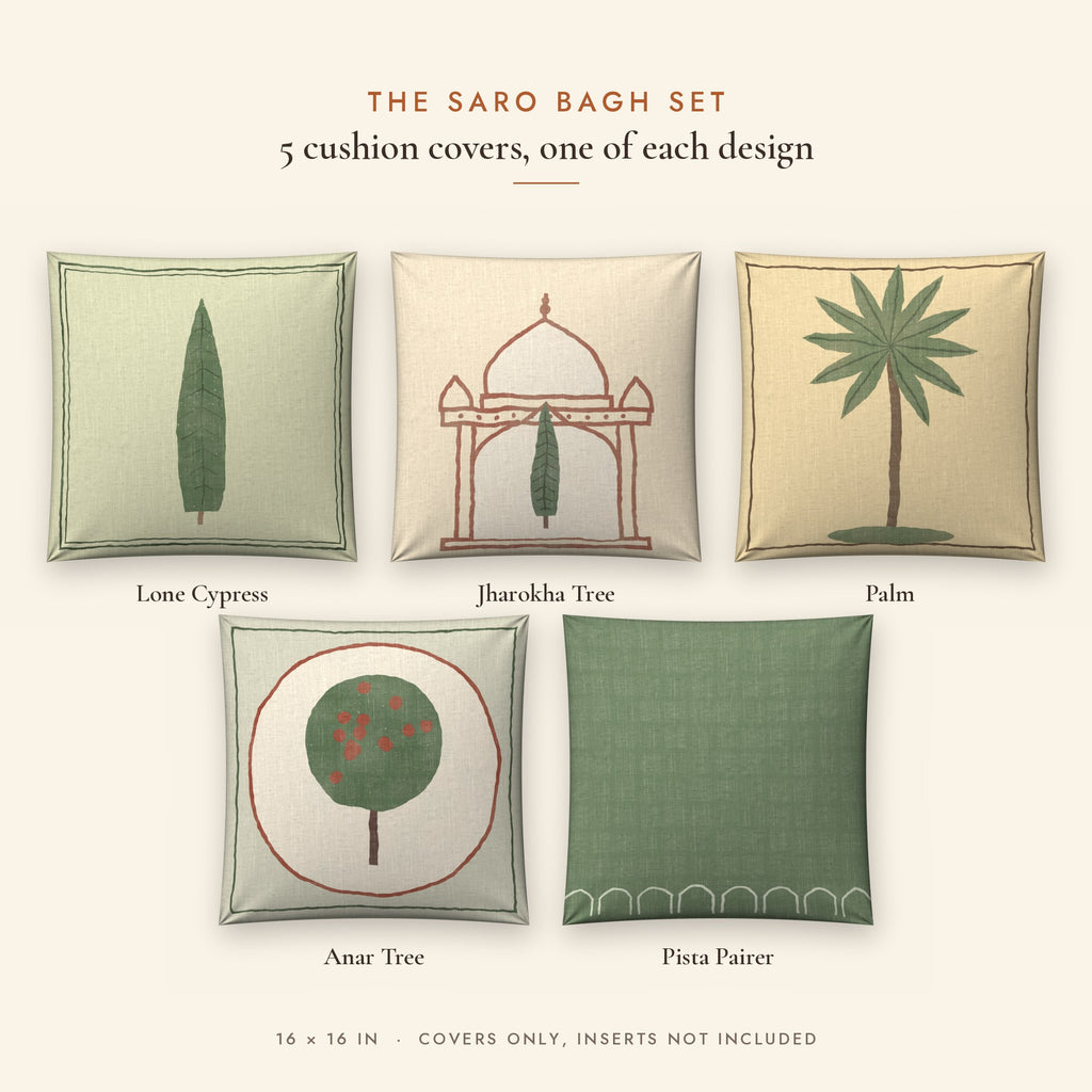 Saro Bagh Tree Linen Blend Cushion Covers, Set of 5 by Reet (printed linen blend cushion covers 16x16 in, set of 5) — all 5 designs in the set