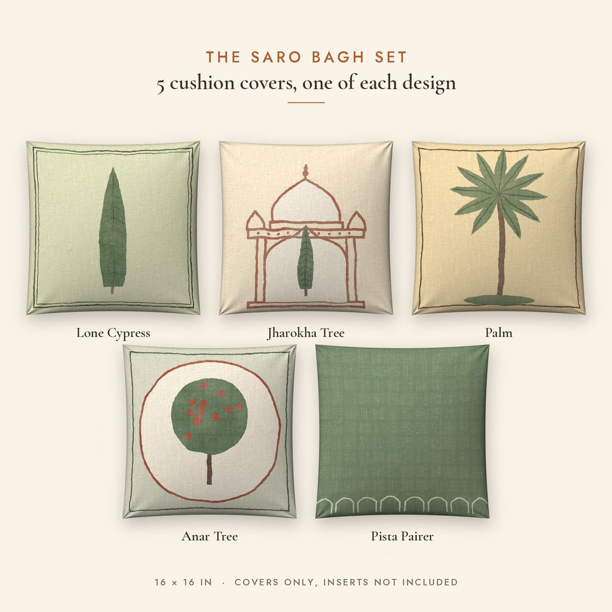Saro Bagh Tree Linen Blend Cushion Covers, Set of 5 by Reet (printed linen blend cushion covers 16x16 in, set of 5) — all 5 designs in the set
