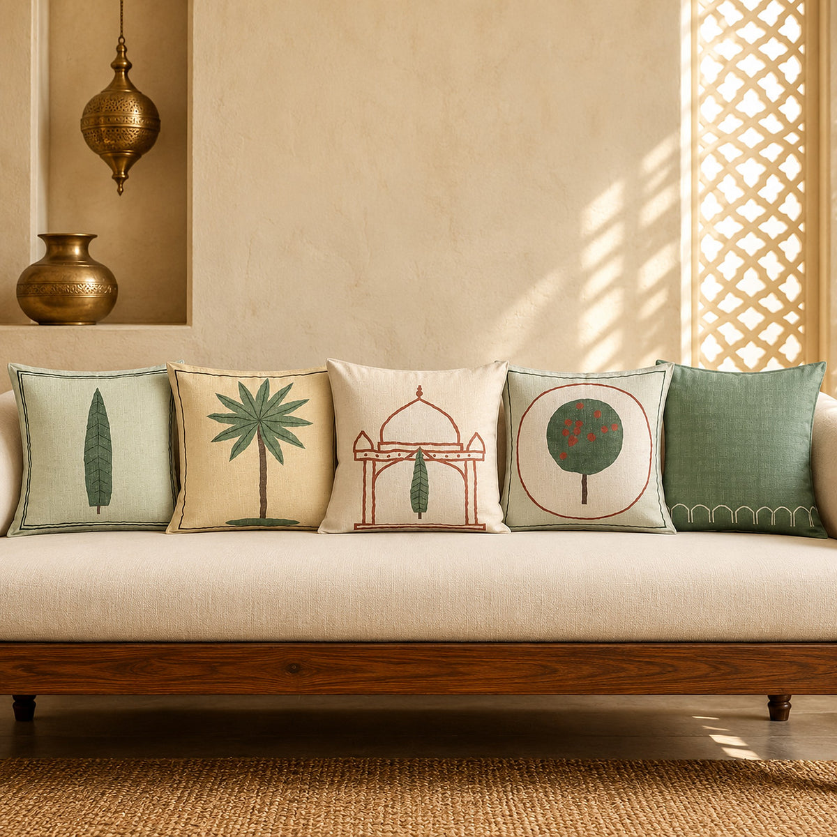 Saro Bagh Tree Linen Blend Cushion Covers, Set of 5 by Reet (printed linen blend cushion covers 16x16 in, set of 5) — the set in a row on a sofa