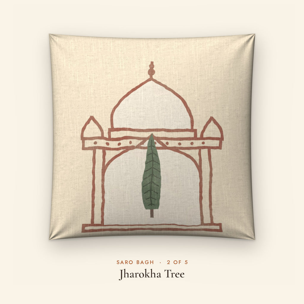 Saro Bagh Tree Linen Blend Cushion Covers, Set of 5 by Reet (printed linen blend cushion covers 16x16 in, set of 5) — design 2 of 5: Jharokha Tree