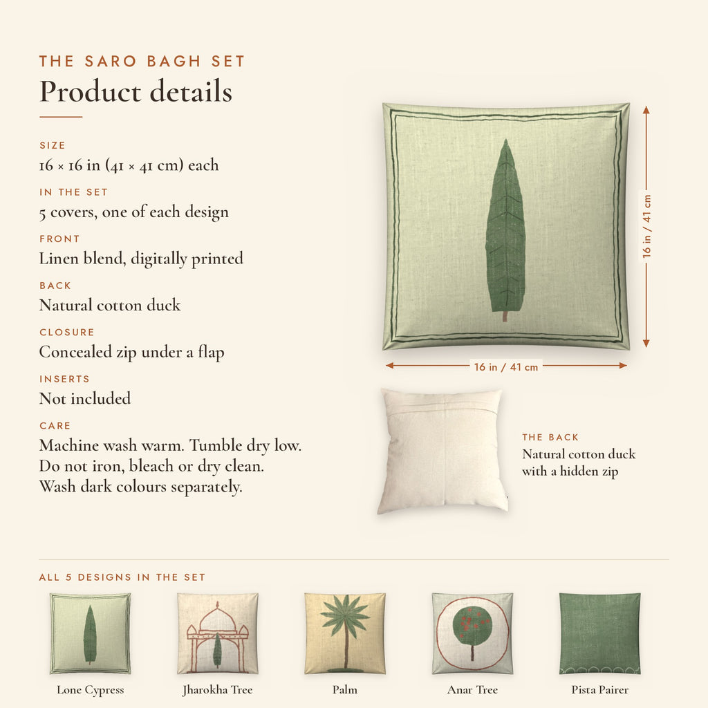 Saro Bagh Tree Linen Blend Cushion Covers, Set of 5 by Reet (printed linen blend cushion covers 16x16 in, set of 5) — product details: size, fabric, back, zip closure and care