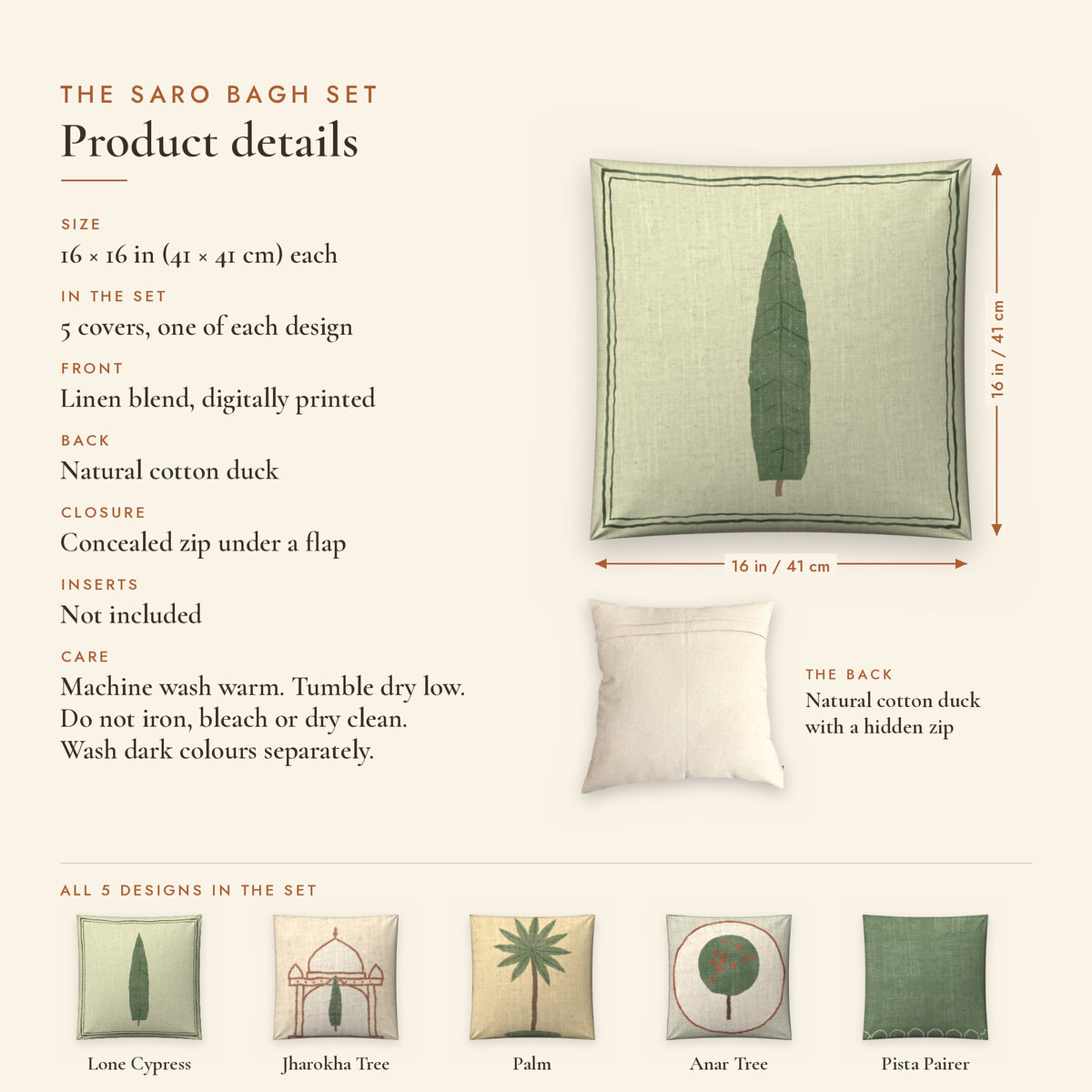 Saro Bagh Tree Linen Blend Cushion Covers, Set of 5 by Reet (printed linen blend cushion covers 16x16 in, set of 5) — product details: size, fabric, back, zip closure and care