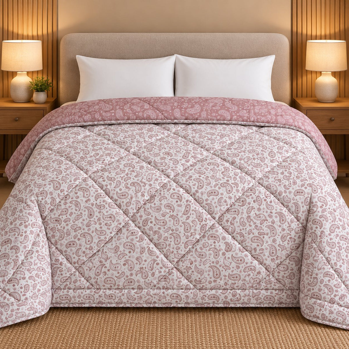 Rose Paisley Dohra Reversible Comforter by Reet (reversible AC comforter, double bed 90x100) — side B (white) on the bed — reversible