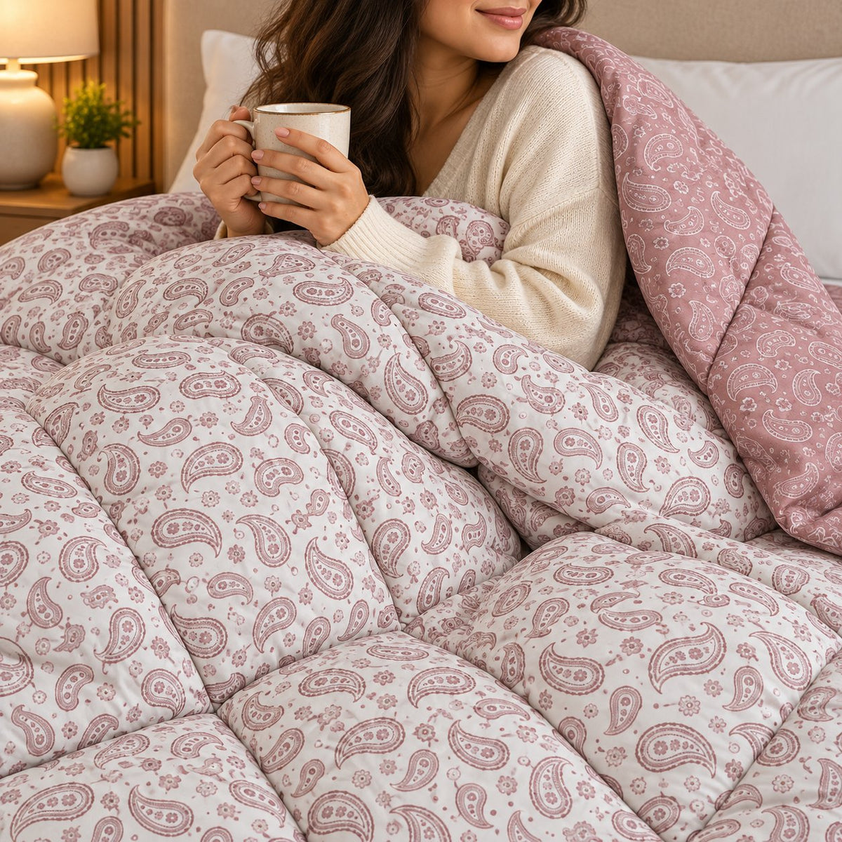 Rose Paisley Dohra Reversible Comforter by Reet (reversible AC comforter, double bed 90x100) — lifestyle: wrapped in the comforter