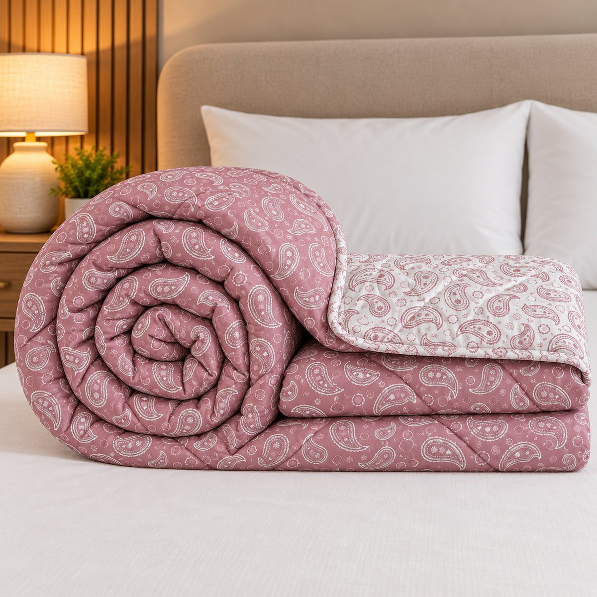 Rose Paisley Dohra Reversible Comforter by Reet (reversible AC comforter, double bed 90x100) — rolled, showing both sides