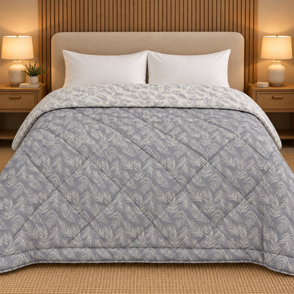 Lavender Fern Dohra Reversible Comforter by Reet (lavender, grey, off white, leaves) — front side