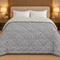 Lavender Fern Dohra Reversible Comforter by Reet (lavender, grey, off white, leaves) — front side