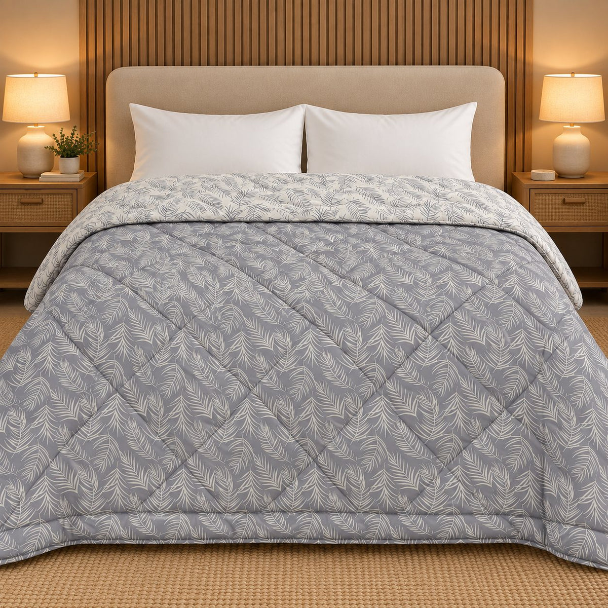 Lavender Fern Dohra Reversible Comforter by Reet (lavender, grey, off white, leaves) — front side