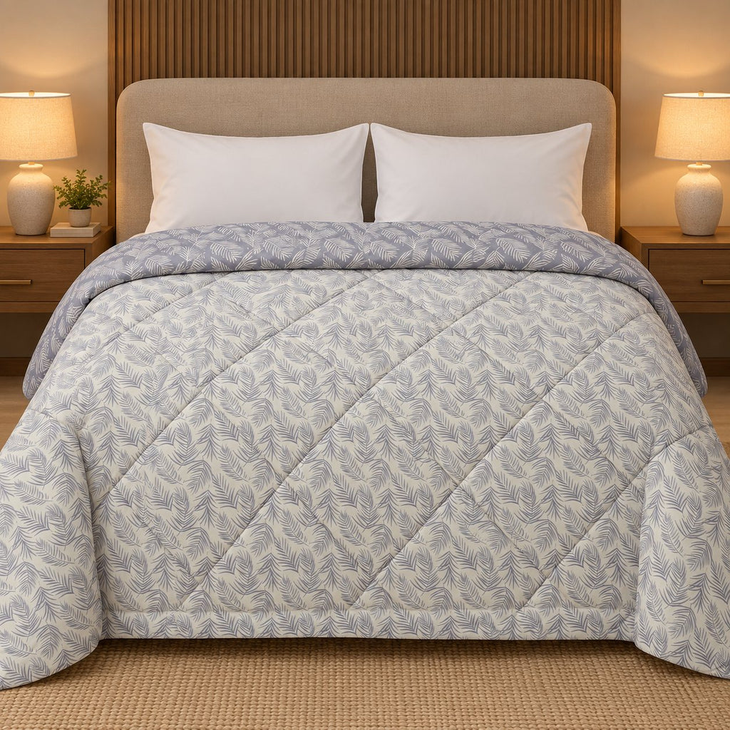 Lavender Fern Dohra Reversible Comforter by Reet (lavender, grey, off white, leaves) — reverse side
